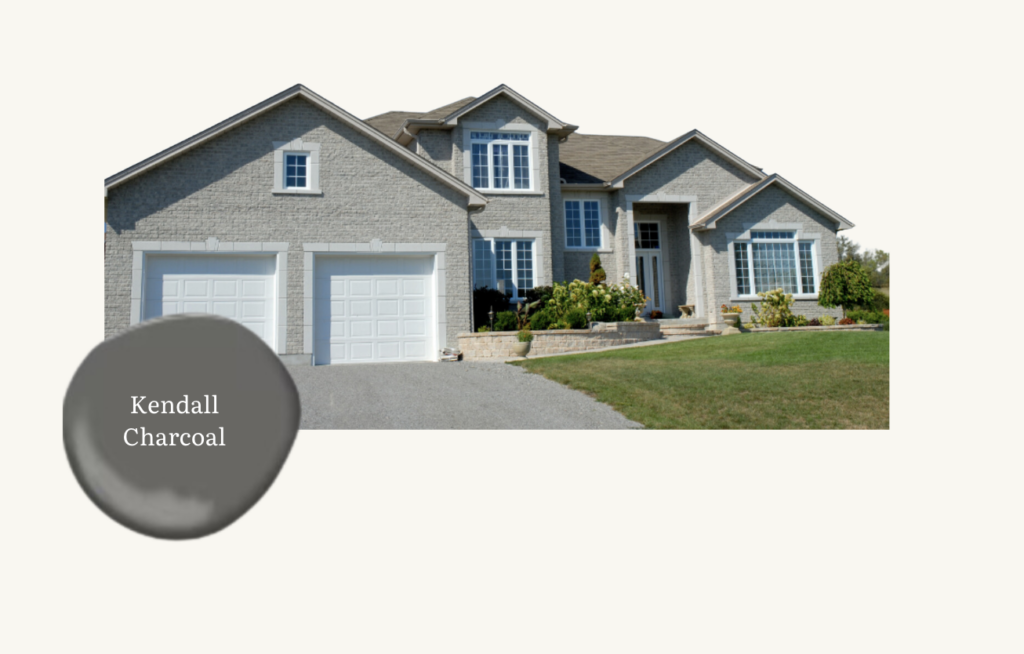 grey brick house with white trim and door